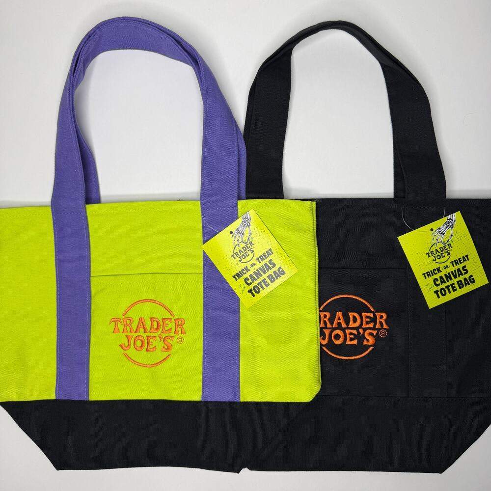 SET OF 2 — Trader Joe’s Canvas MINI HALLOWEEN Tote Bags Black Orange Green Multi